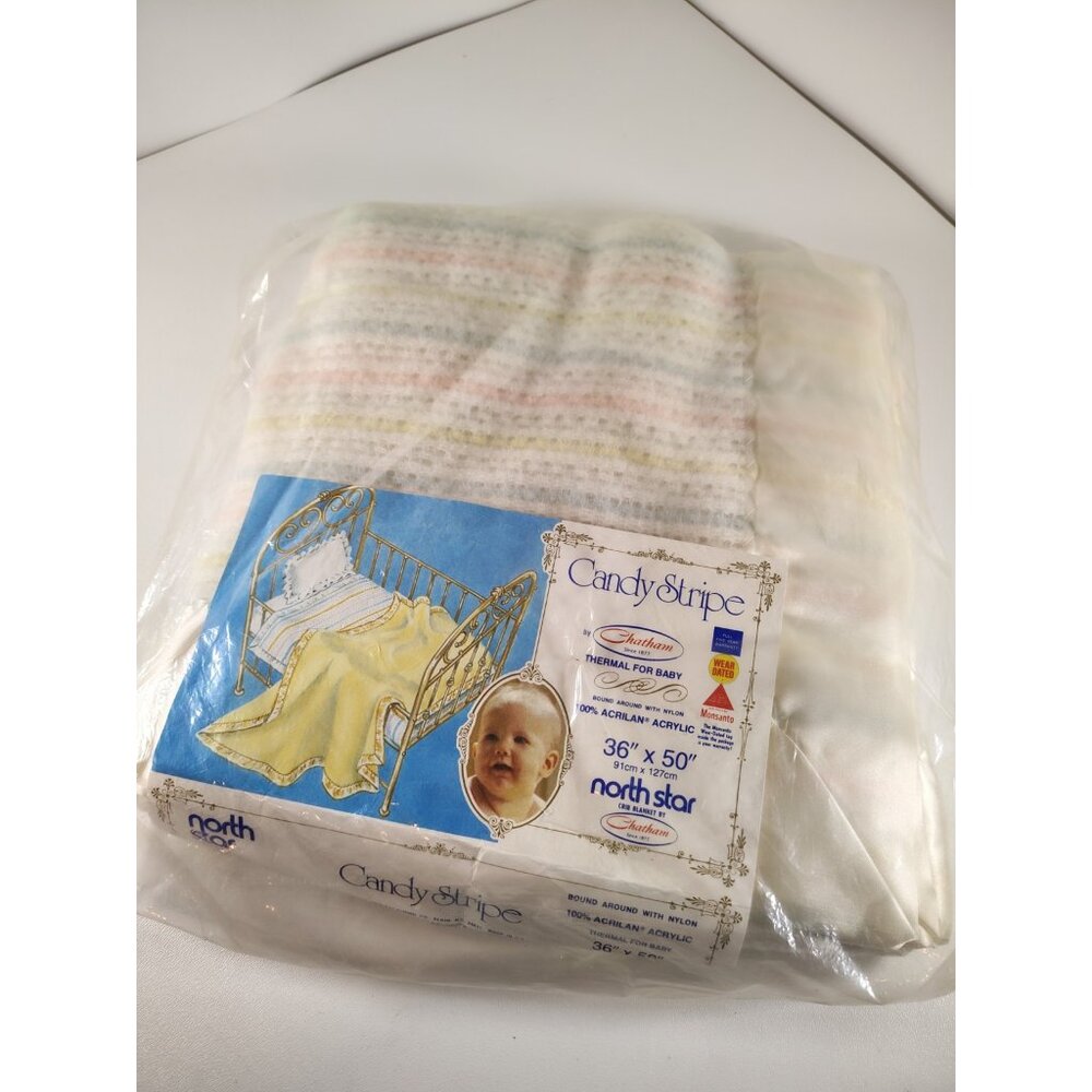 Chatham North Baby Star Blanket VTG Nylon Satin Trim Pastel Stripe Acrylic NEW